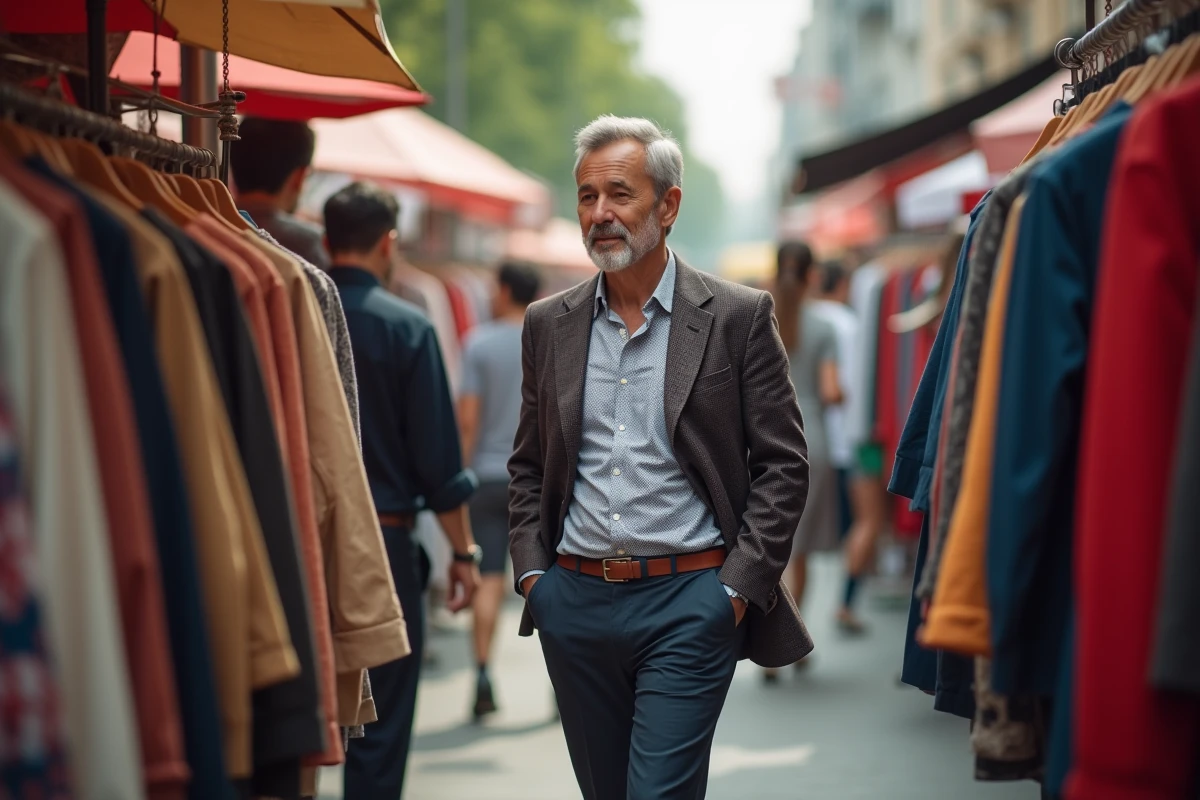 Acheteur mode en promenade dans un marché urbain