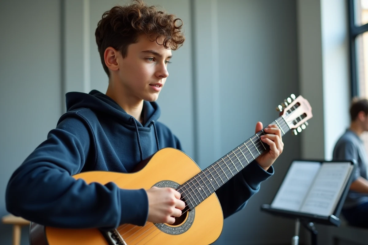 Adolescent en salle de musique montrant la position de l'accord B7 sur une guitare classique