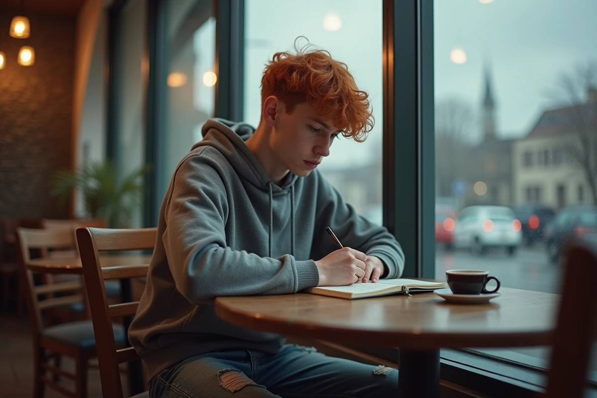 Adolescent roux écrivant des paroles de chanson dans un carnet dans un café parisien au style authentique