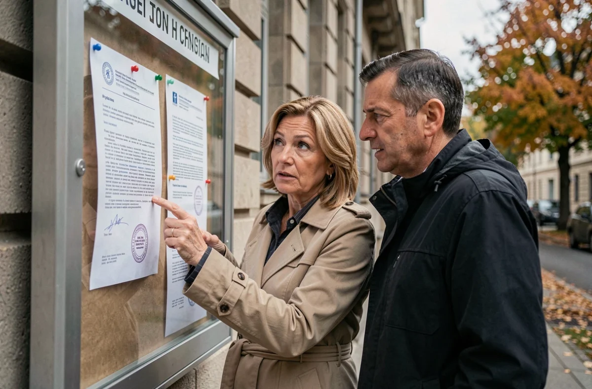 Deux citoyens consultant un affichage officiel administratif concernant l'ASPOLT et le Kerfent en extérieur