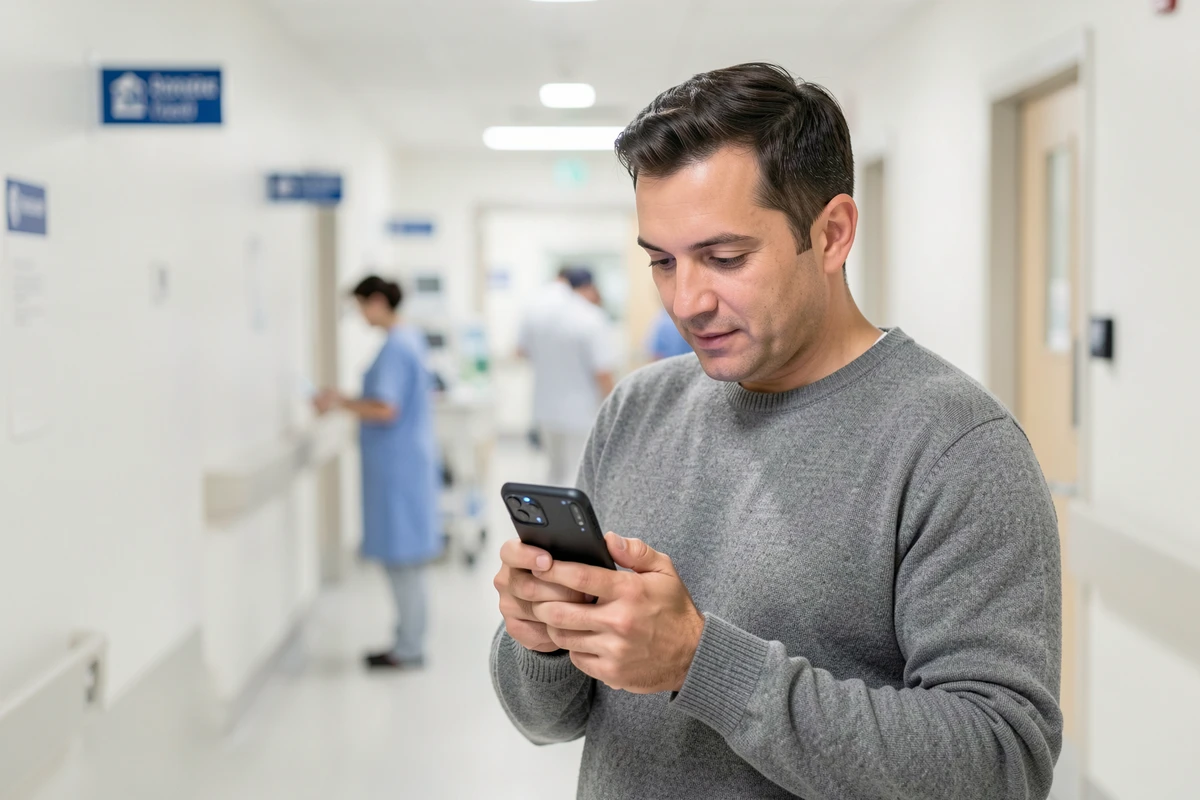 Agent hospitalier accédant à son compte CGOS depuis son téléphone dans un couloir