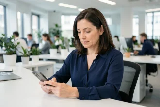 Agente administrative consultant son espace CGOS sur smartphone au bureau