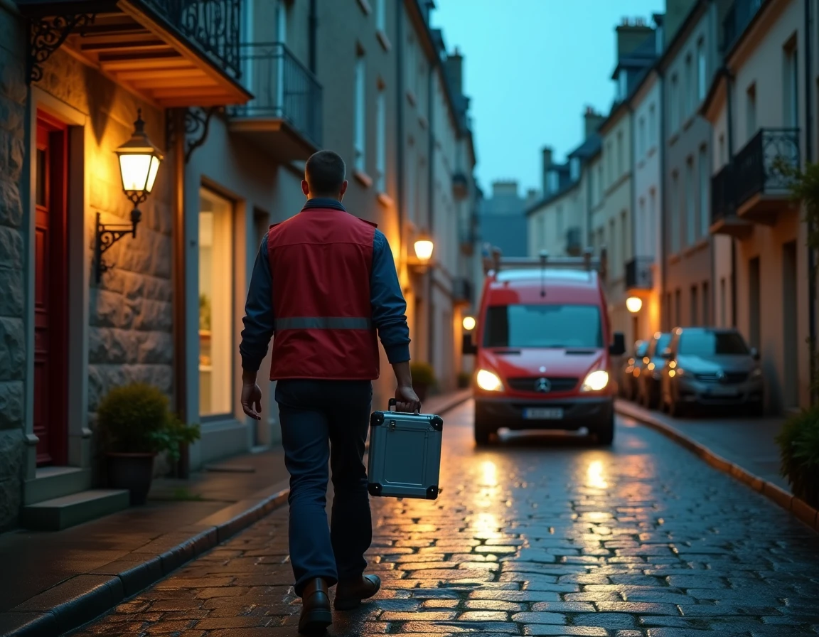Serrurier Aléas Dépannage arrivant en urgence avec sa mallette d'outils devant un immeuble résidentiel de Rennes au crépuscule