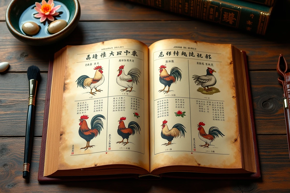 Almanach chinois antique ouvert sur un bureau en chêne avec illustration d'un coq en encre, bol en céramique avec lotus et galets, représentant le calendrier astrologique du Coq d'Eau de 1993