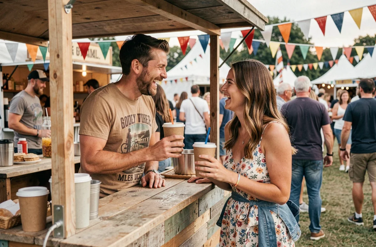 Deux amis festivaliers partageant un verre dans l'espace restauration convivial des Vieilles Charrues