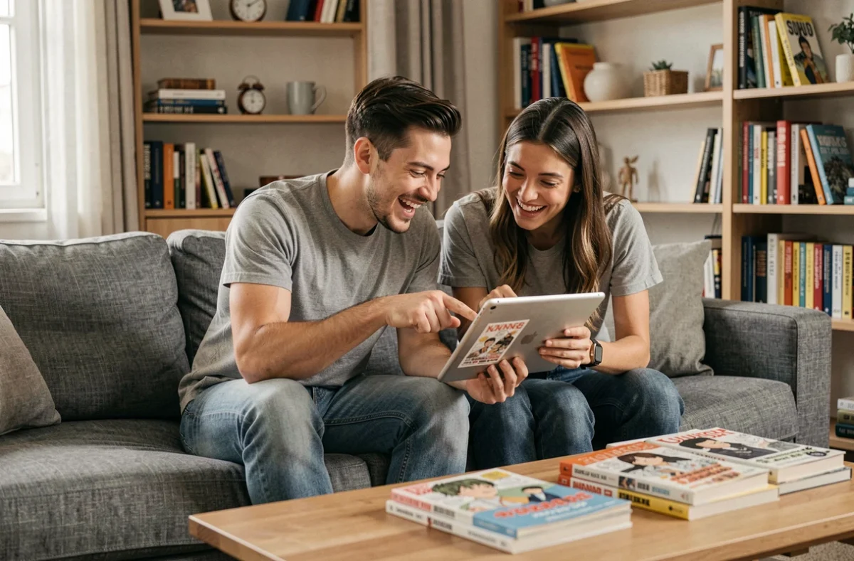 Deux amis adultes découvrant ensemble une bibliothèque de manga BL sur une tablette dans un salon cosy