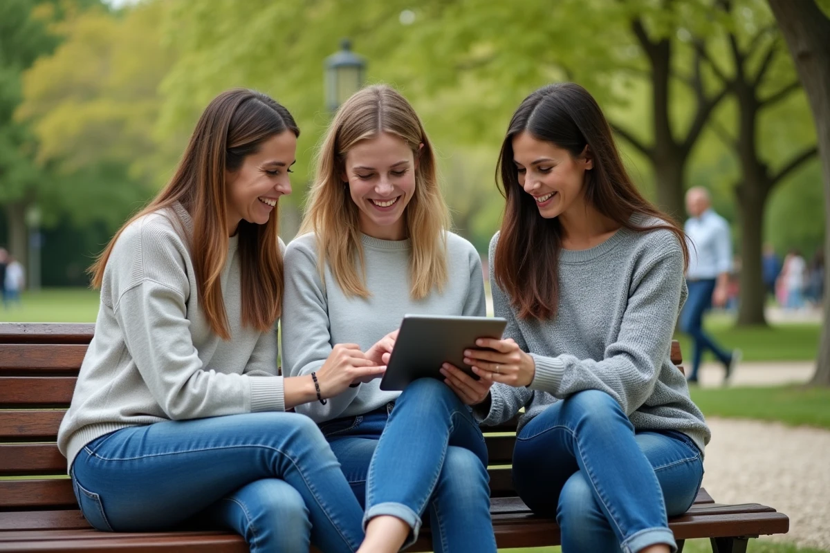 Trois amis discutant et souriant sur un banc dans un parc