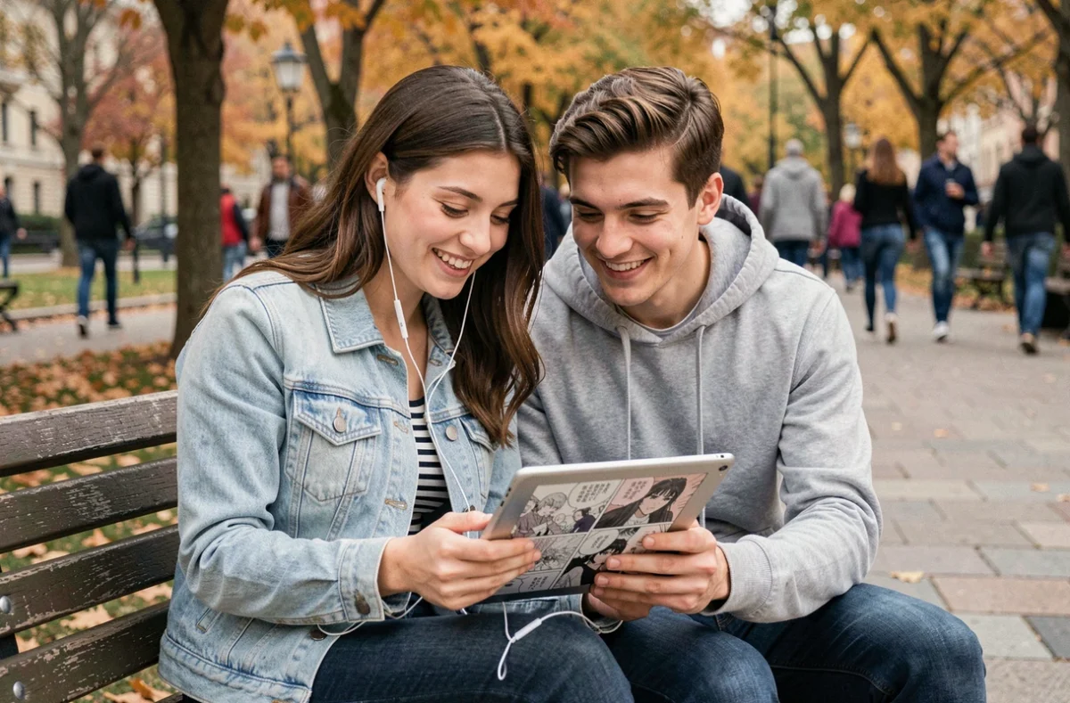 Deux amis lisant ensemble un chapitre VF du manga Just Friends sur une tablette dans un parc urbain en automne