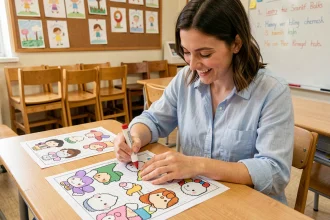 Animatrice assise en classe remplissant des fiches pixel art kawaii Disney avec des marqueurs colorés