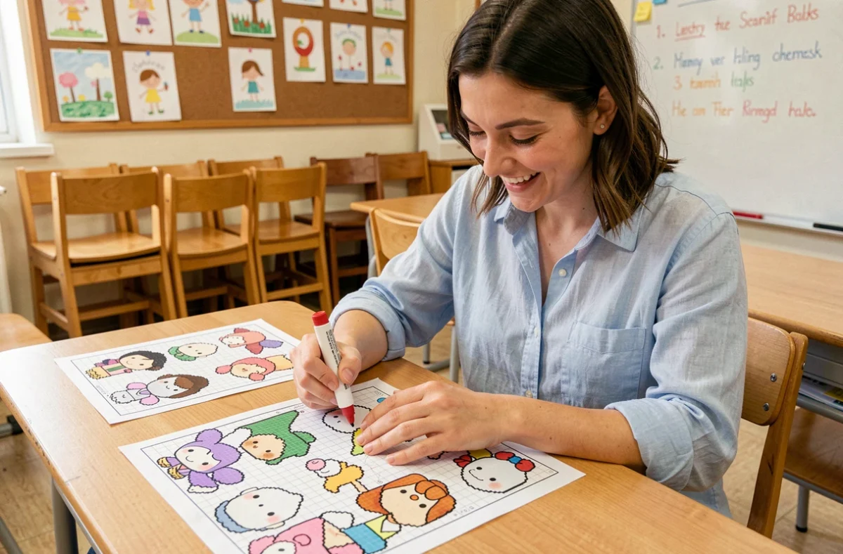 Animatrice assise en classe remplissant des fiches pixel art kawaii Disney avec des marqueurs colorés