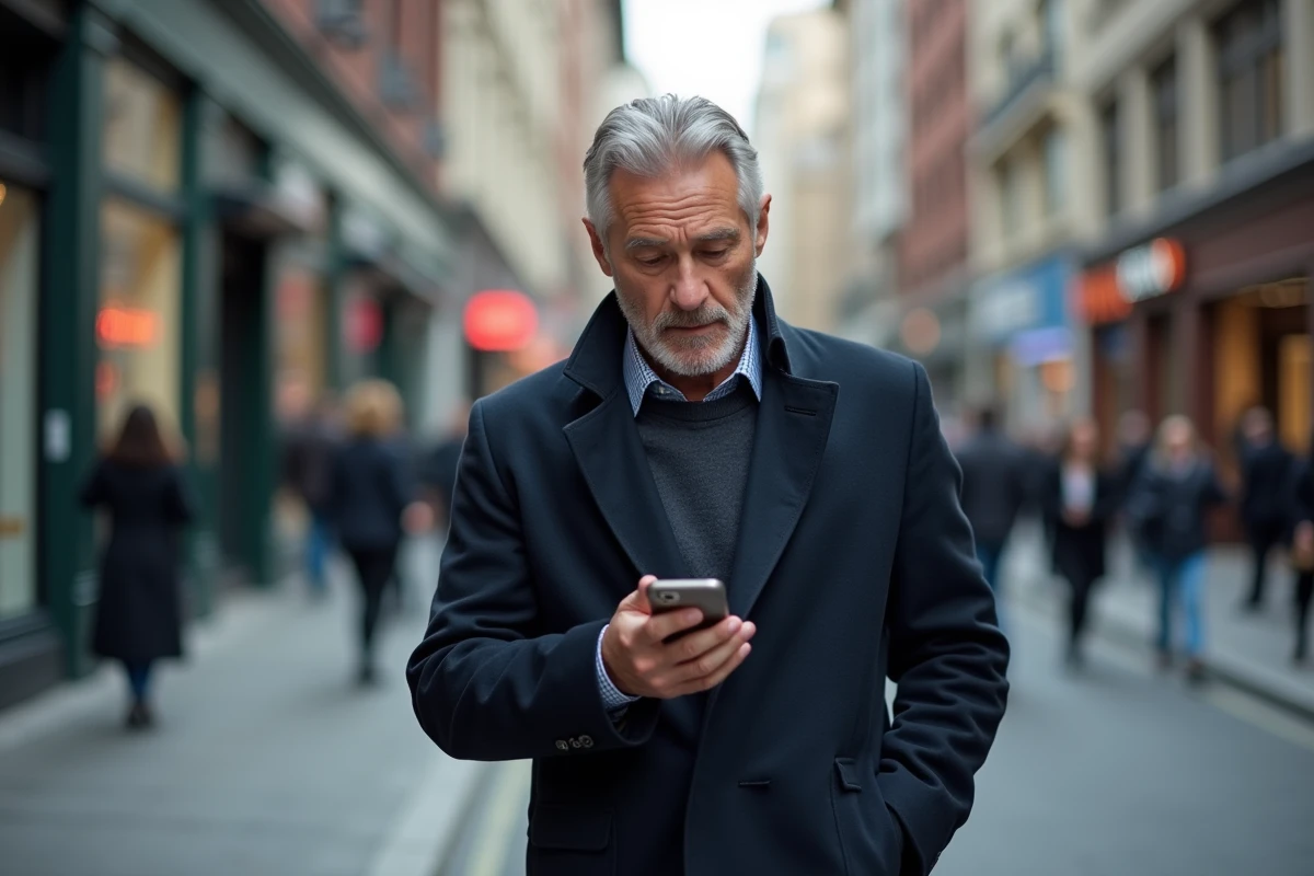 Homme en ville vérifiant un appel entrant suspect sur son téléphone portable, air perplexe sur un trottoir animé