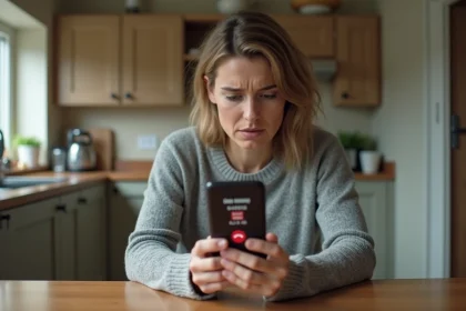 Femme consultant son smartphone avec un appel entrant d'un numéro inconnu affiché sur l'écran, air méfiant dans une cuisine moderne