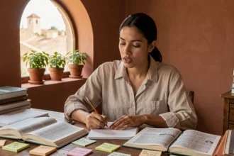 Jeune femme apprenant la traduction du français en dialecte marocain darija à son bureau avec dictionnaires et notes manuscrites