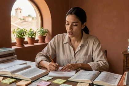 Jeune femme apprenant la traduction du français en dialecte marocain darija à son bureau avec dictionnaires et notes manuscrites