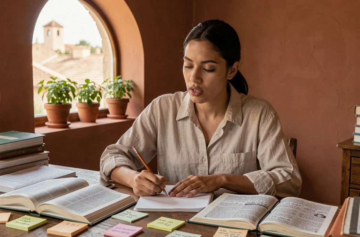 Jeune femme apprenant la traduction du français en dialecte marocain darija à son bureau avec dictionnaires et notes manuscrites