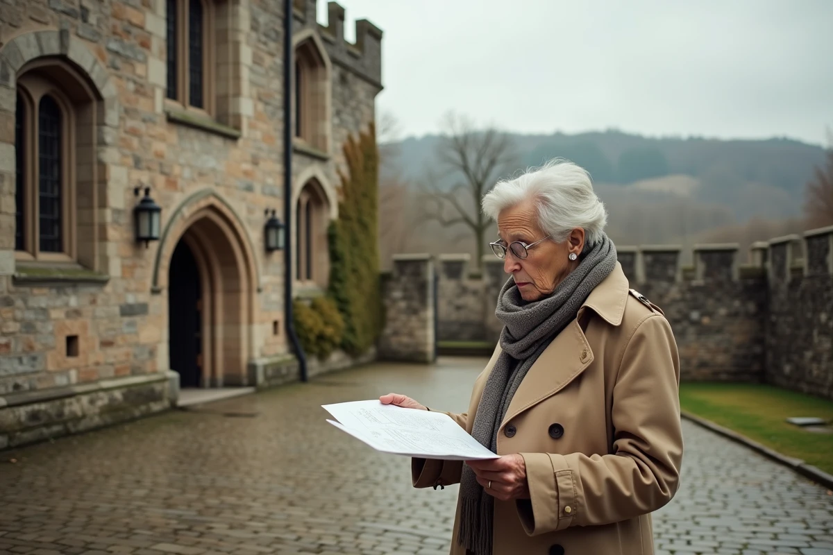 Architecte agee examineant des plans devant un chateau ancien