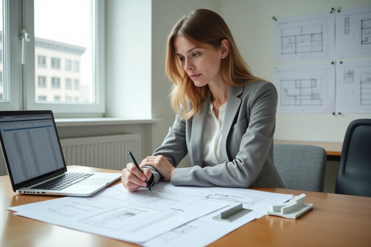 Architecte analysant des devis et un échantillon de cornière acier dans un bureau professionnel