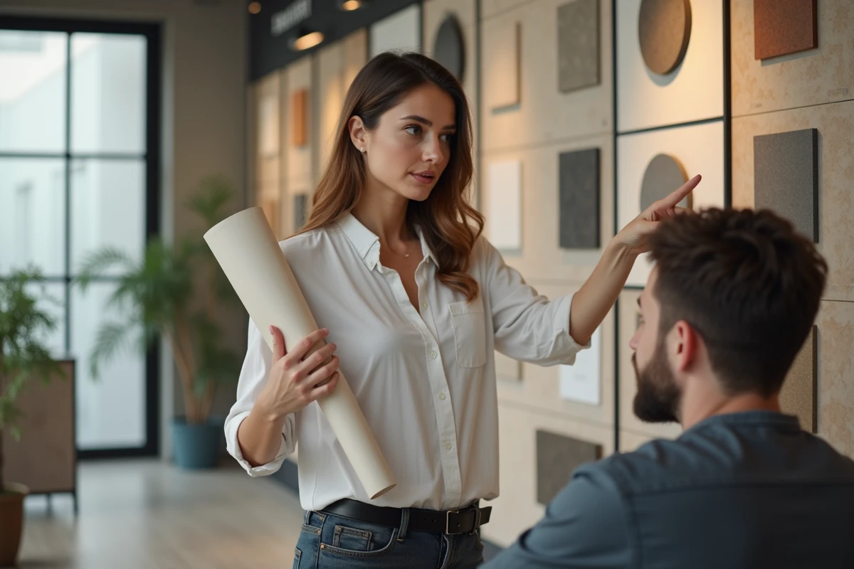 Architecte montrant des échantillons de placo en showroom