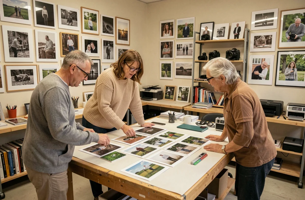 Atelier Photo Mayenne avec une instructrice et trois étudiants adultes examinant des tirages photo sur une grande table de travail