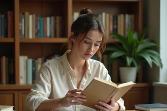 Auteure débutante examinant le code ISBN au dos d'un livre dans son bureau à domicile entouré de manuscrits et de livres publiés
