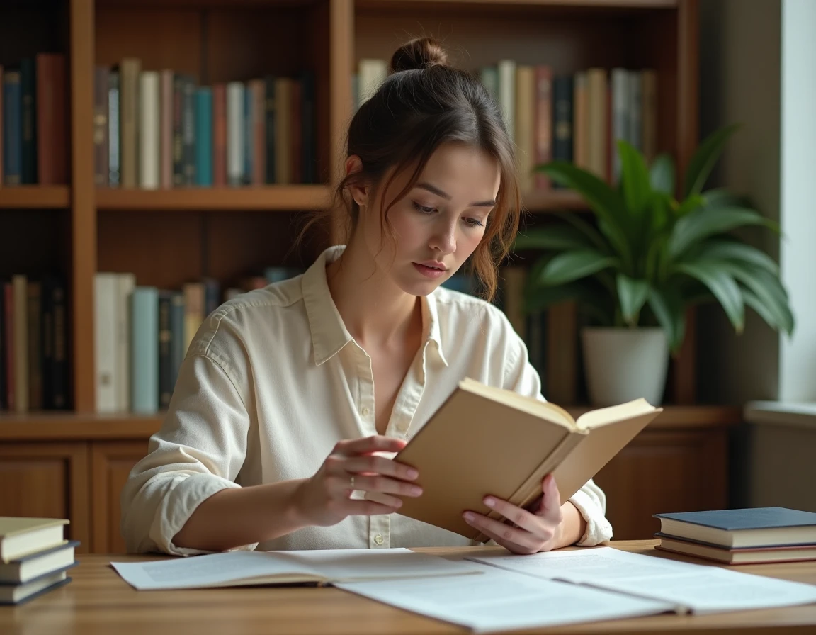 Auteure débutante examinant le code ISBN au dos d'un livre dans son bureau à domicile entouré de manuscrits et de livres publiés