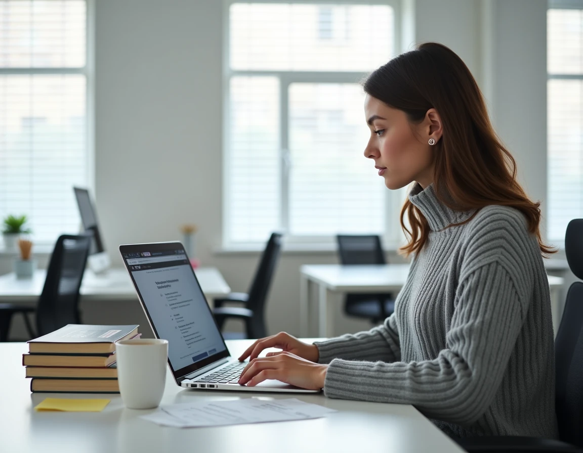Jeune auteure enregistrant son ISBN sur ordinateur portable dans un espace de coworking avec ses livres autoédités posés sur le bureau