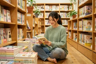 Jeune femme lisant des mangas BL dans une bibliothèque indépendante chaleureuse entourée de volumes aux couvertures pastel