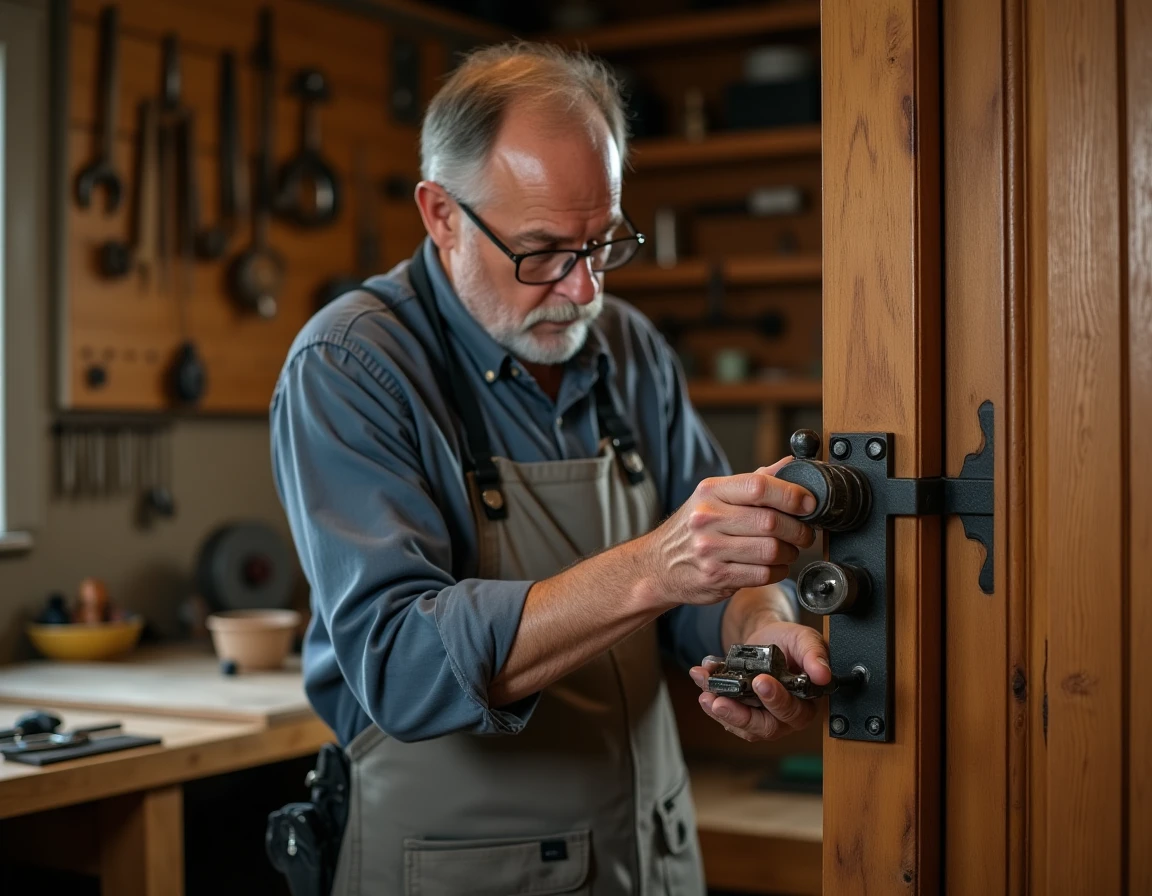 Serrurier expérimenté de Bourgin Serrurerie Dépannage ajustant une serrure à mortaise en bois dans un atelier d'artisan traditionnel
