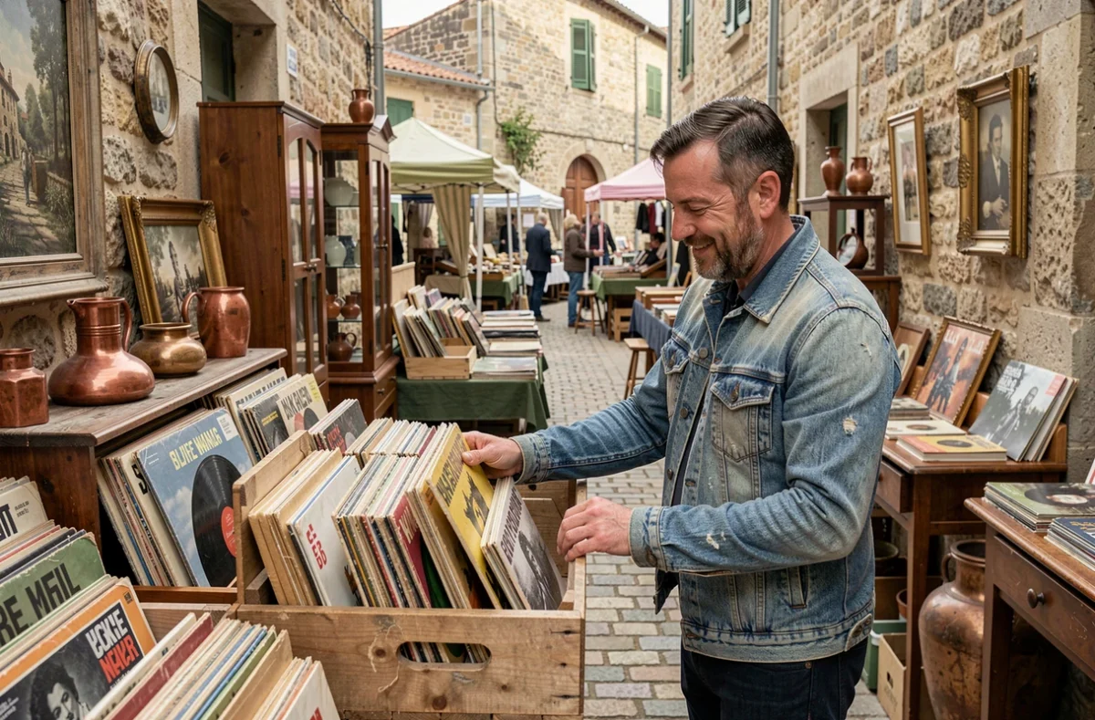 Homme parcourant des vinyles anciens dans une allée de brocante sur pavés