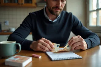 Homme calculant ses économies sur les cigarettes achetées en Andorre avec des billets en euros sur une table en bois