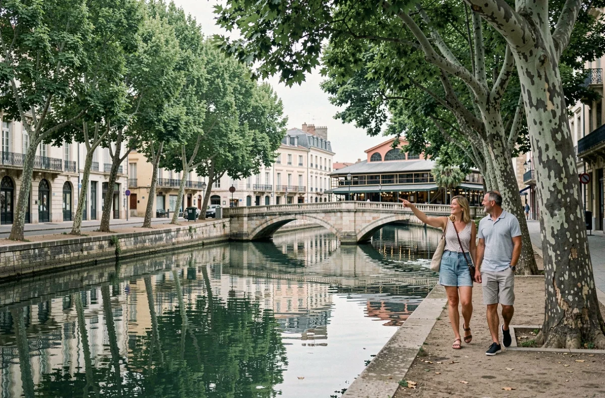 Canal de la Robine au centre de Narbonne avec couple se promenant sur les berges et pont en pierre