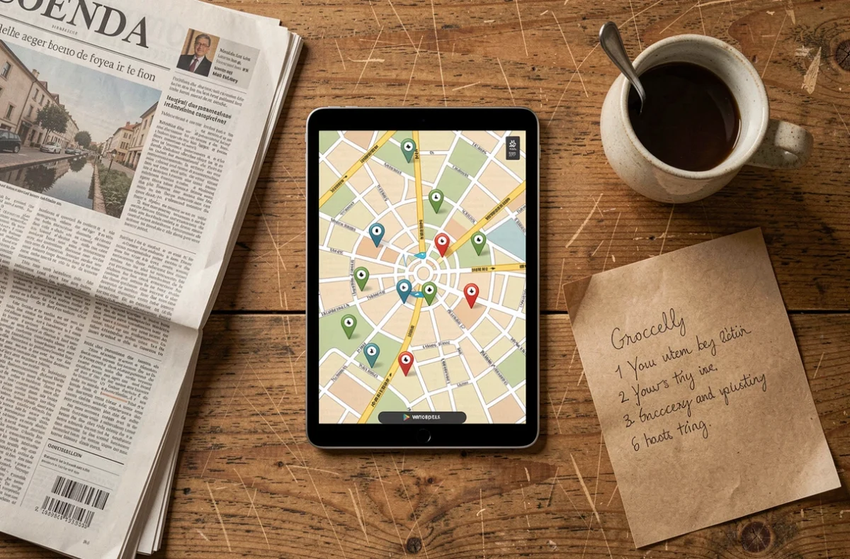 Carte interactive des magasins ouverts le dimanche à Montpellier affichée sur une tablette