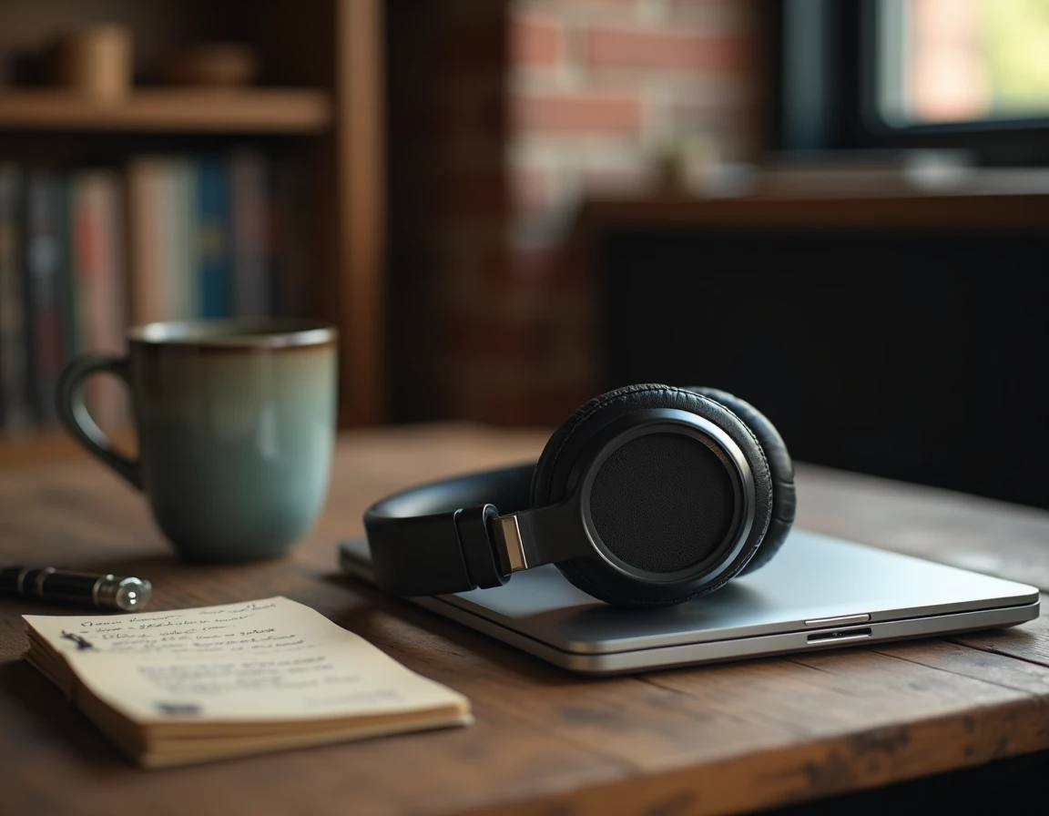 Casque audiophile posé sur un ordinateur portable avec notes manuscrites dans un café