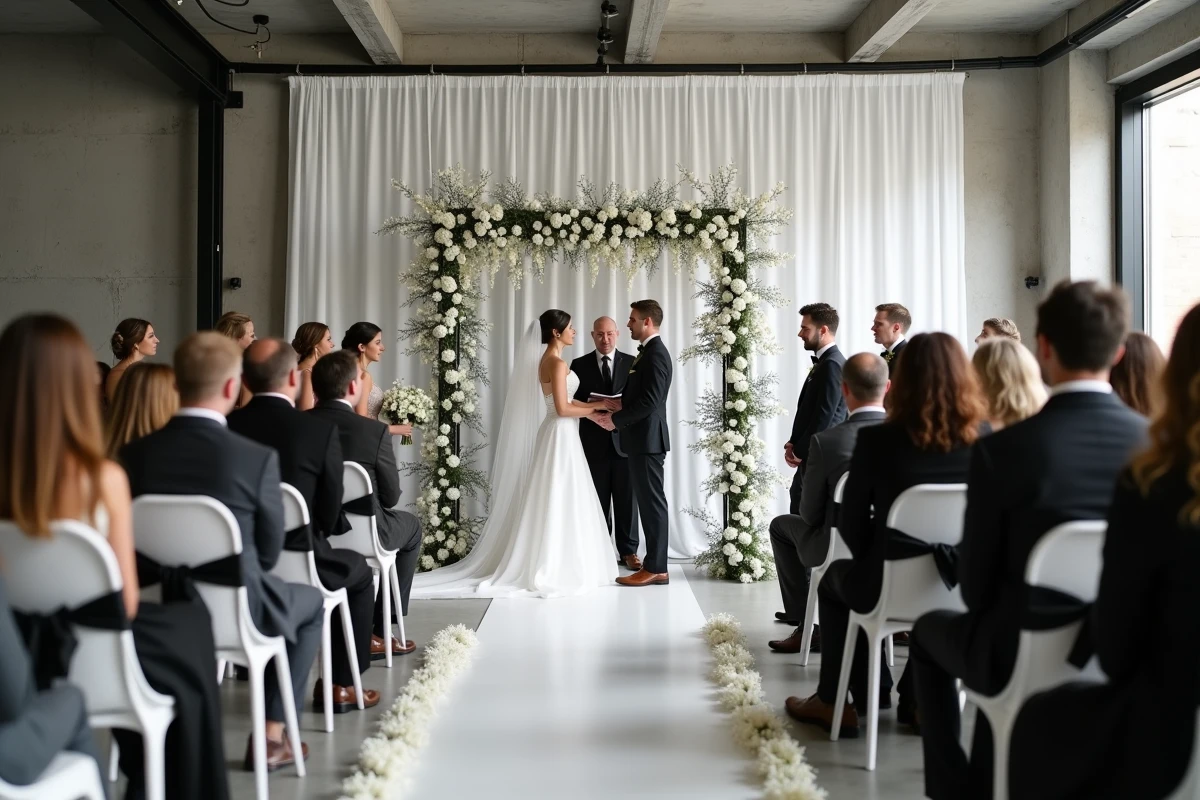 Cérémonie de mariage noir et blanc dans un loft industriel avec arche florale et chaises blanches