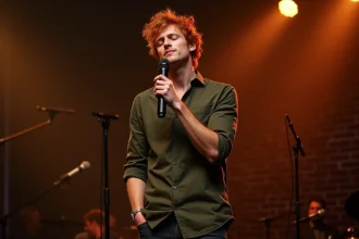 Chanteur roux aux taches de rousseur sur scène lors d'un concert intimiste en salle de spectacle urbaine