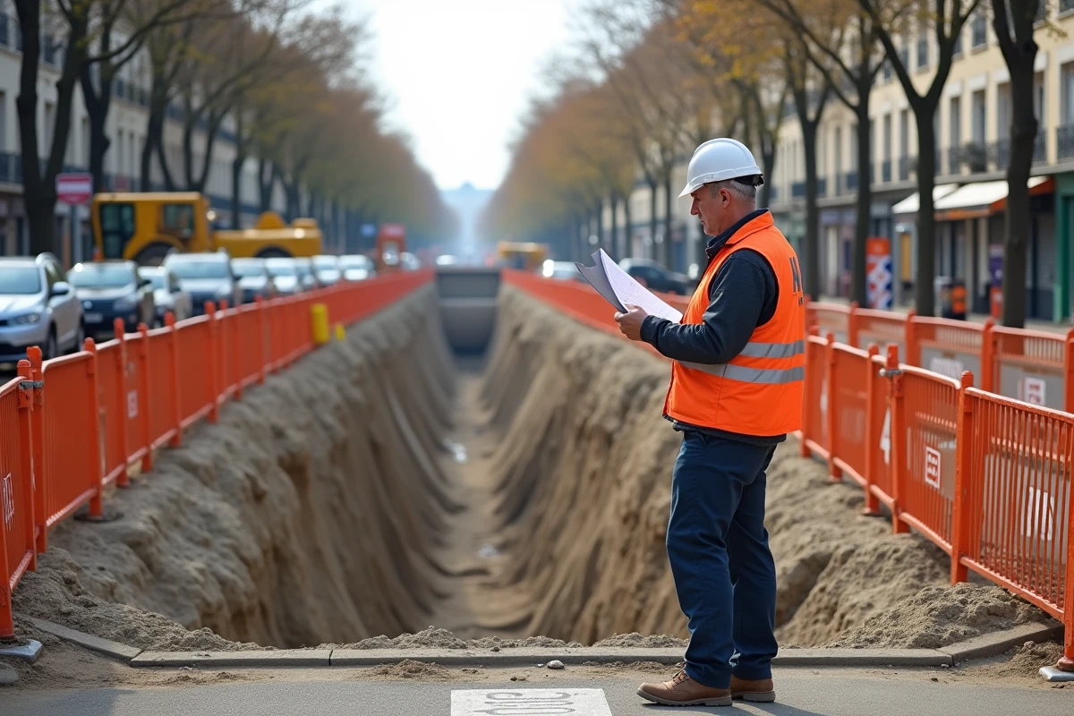 Chantier d'extension du réseau de métro de Lyon avec grues et tranchée ouverte sur un boulevard urbain