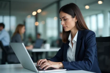 Professionnelle utilisant ChatGPT sur son ordinateur portable dans un bureau moderne pour une utilisation professionnelle