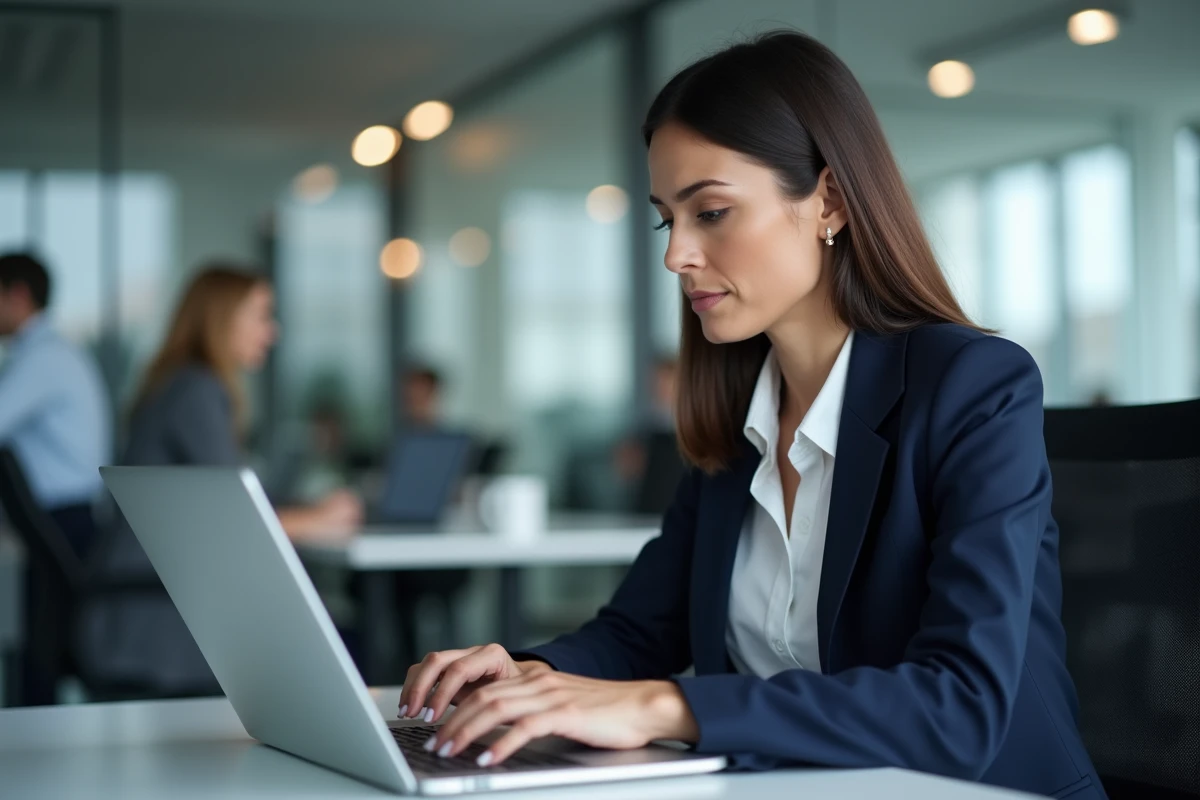 Professionnelle utilisant ChatGPT sur son ordinateur portable dans un bureau moderne pour une utilisation professionnelle