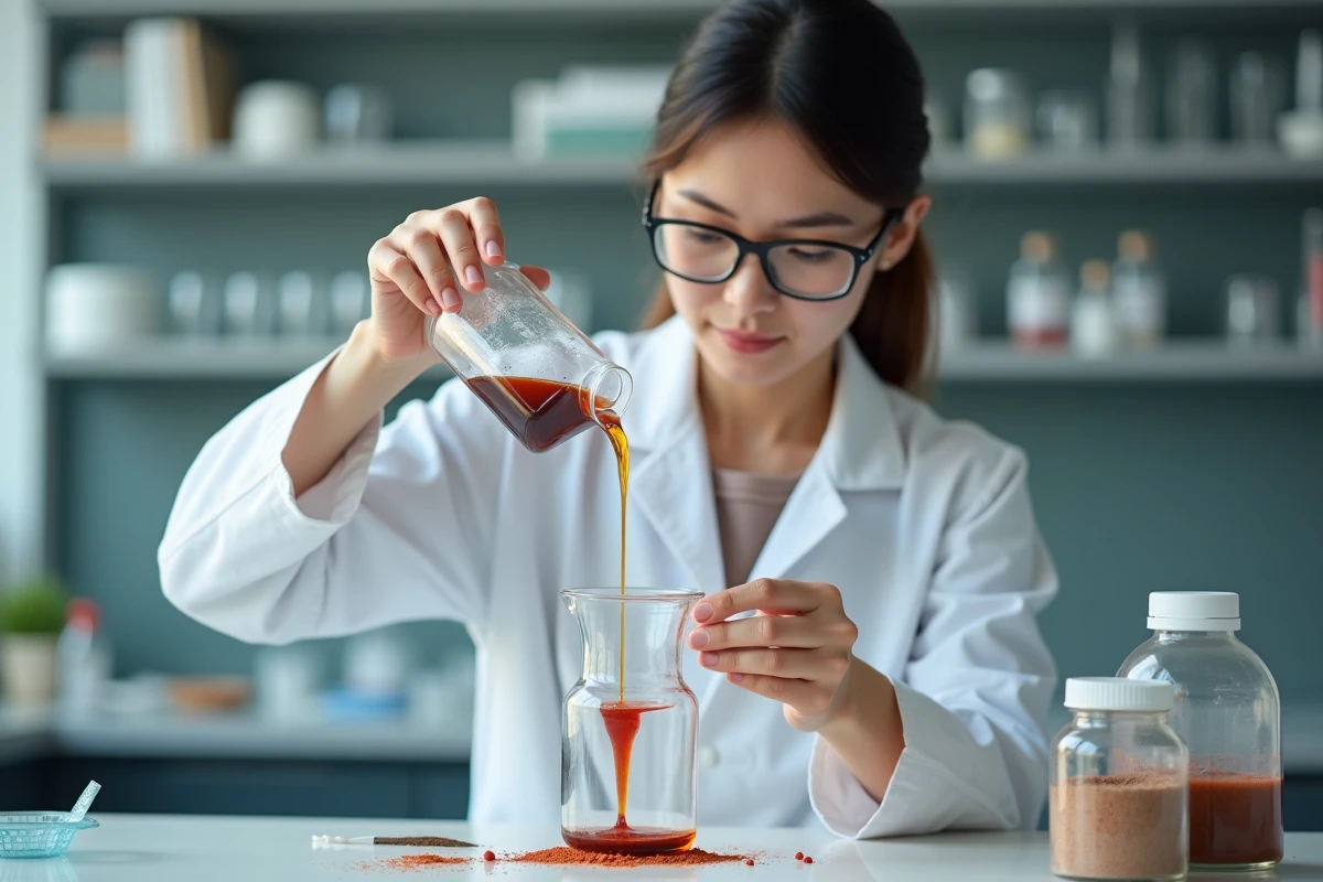 Jeune chimiste versant huile sur pigment coloré