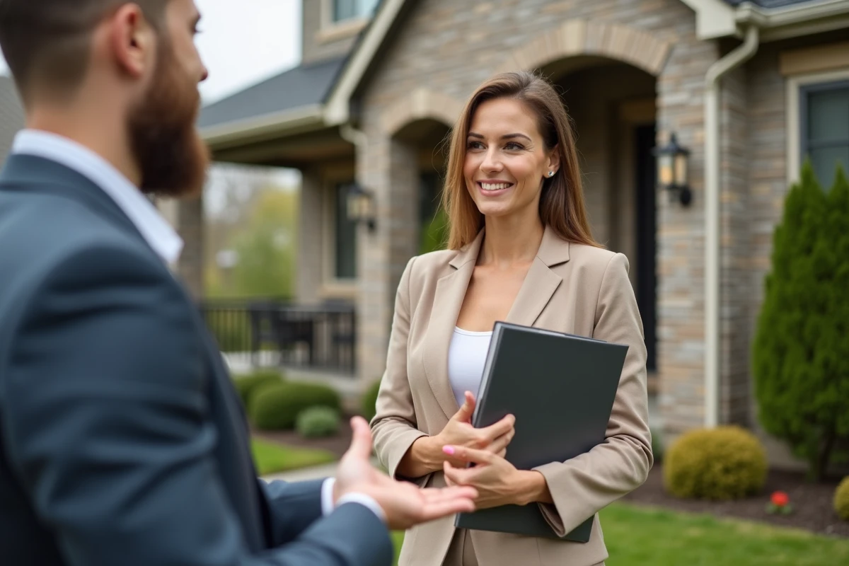 Femme cliente immobilière devant une maison de banlieue