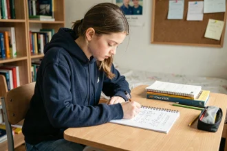 Collégienne effectuant des exercices de conversion kg en tonne dans un cahier sur un bureau en bois