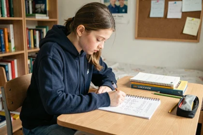 Collégienne effectuant des exercices de conversion kg en tonne dans un cahier sur un bureau en bois