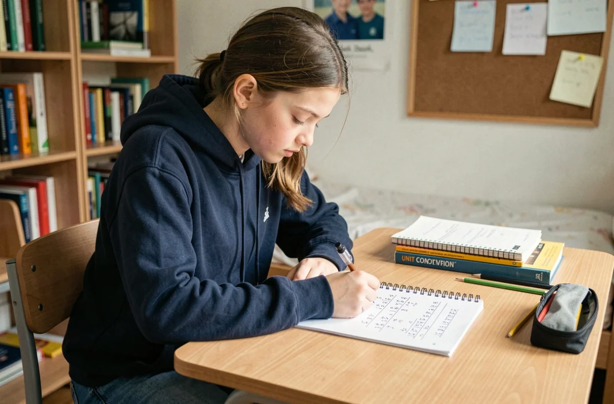 Collégienne effectuant des exercices de conversion kg en tonne dans un cahier sur un bureau en bois