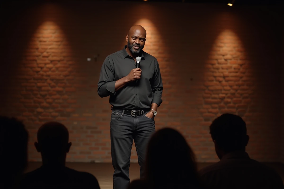 Comédien de stand-up sur scène dans un club de comédie, reflétant la complexité de l'humour noir et de ses frontières éthiques