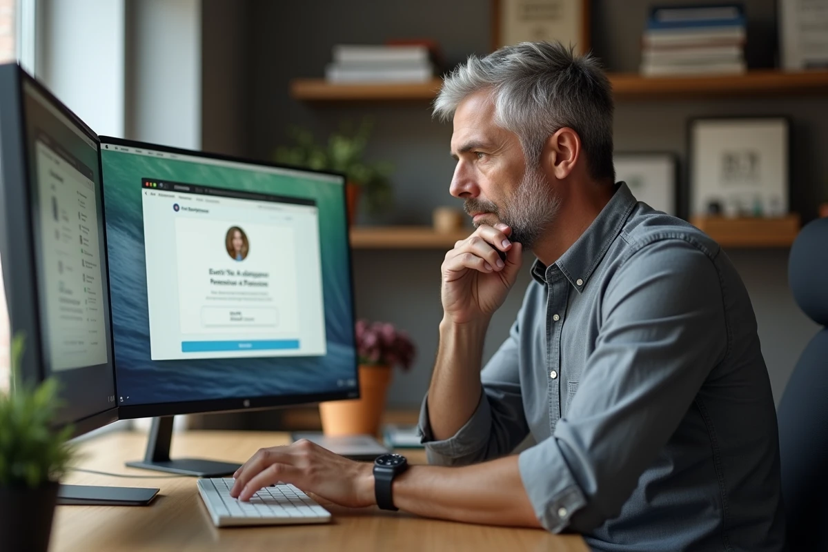 Homme en télétravail comparant les versions gratuite et payante de ChatGPT sur un double écran à domicile