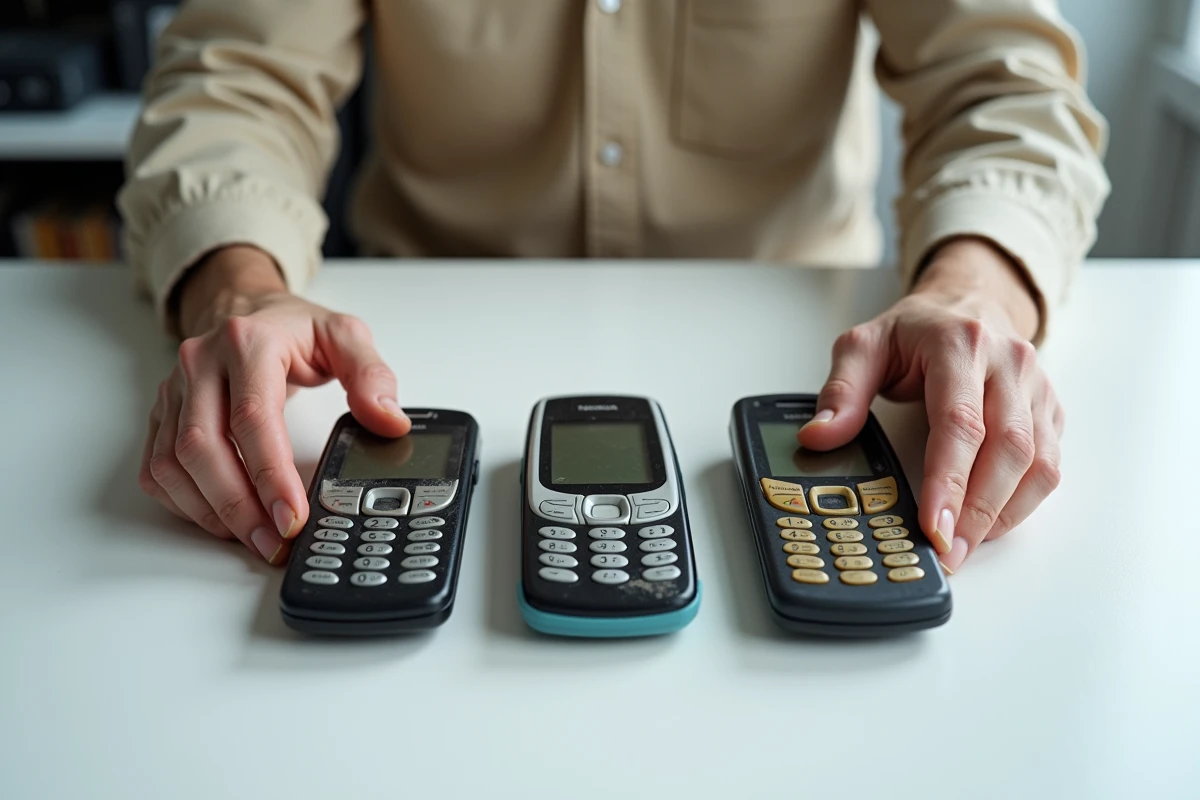 Comparaison de plusieurs Nokia anciens modèles posés sur un bureau par un collectionneur