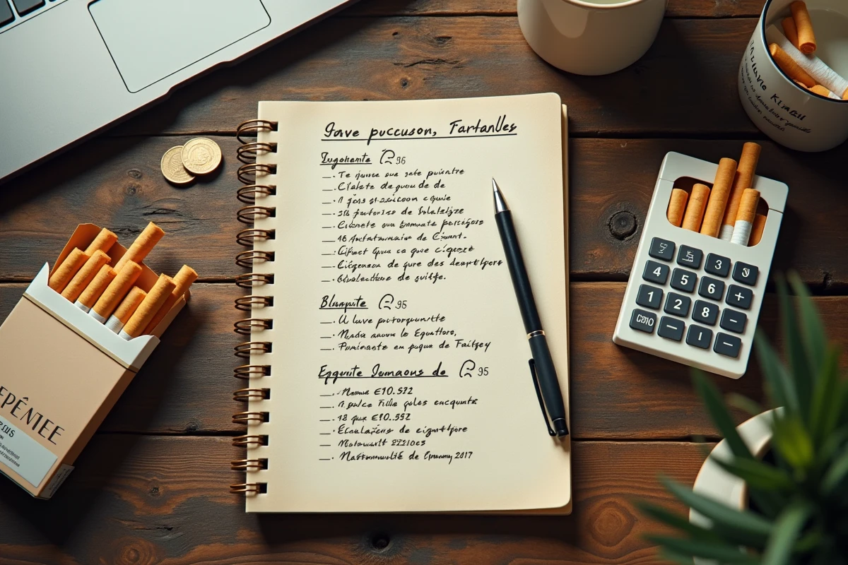 Vue de dessus d'un bureau avec des paquets de cigarettes, une calculatrice et un carnet de calcul d'économies en Andorre