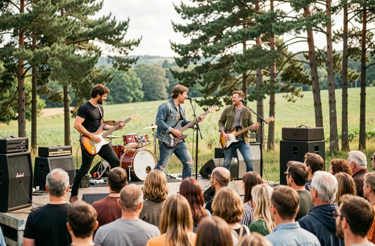 Groupe de rock en concert sur une scène secondaire du festival des Vieilles Charrues entourée de verdure bretonne