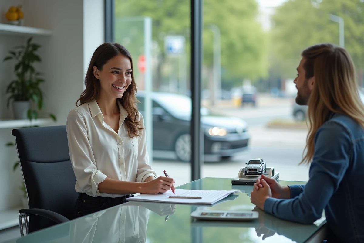 Consultante souriante discutant avec un client dans un showroom moderne