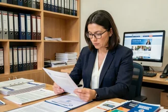 Femme consultant des documents officiels sur l'ASPOLT et le Kerfent dans un bureau administratif